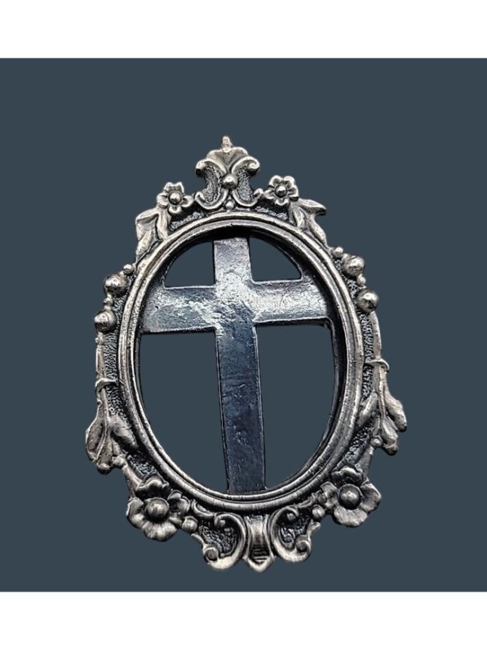 Vintage Cross Brooch Silver Tone Ornate Floral Framed Gothic-revival aesthetic
